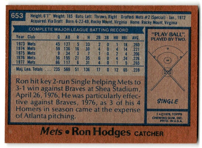 1978 Topps Ron Hodges New York Mets #653