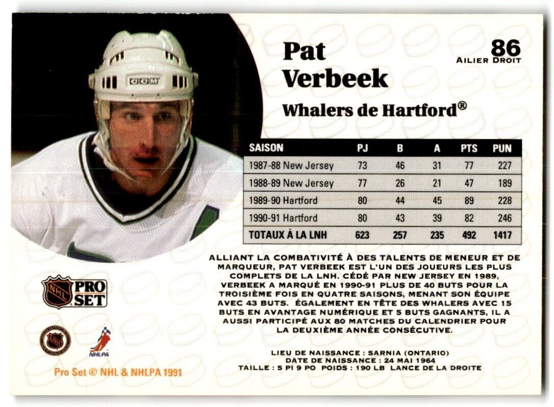 1991-92 Pro Set French Pat Verbeek Hartford Whalers #86