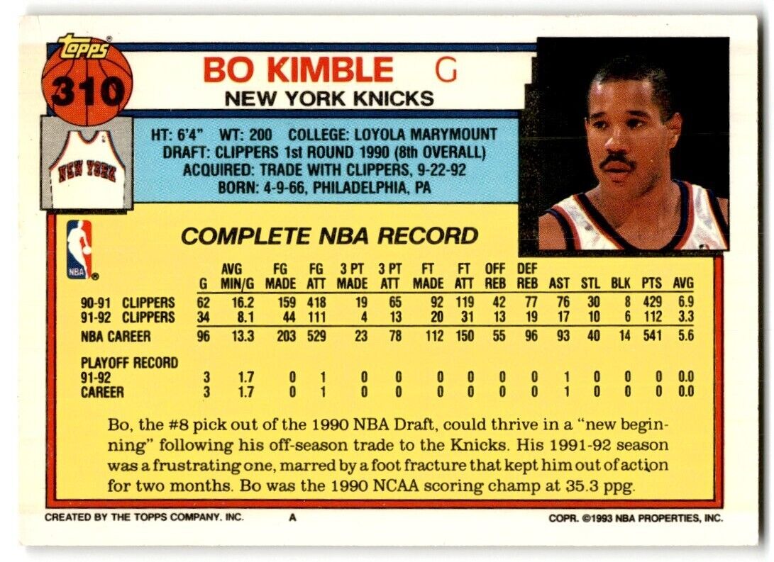 1992-93 Topps Bo Kimble New York Knicks #310