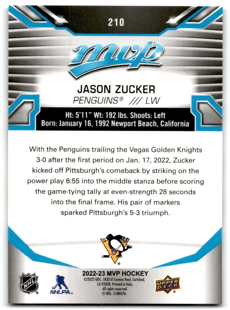 2022-23 Upper Deck MVP Jason Zucker Pittsburgh Penguins #210