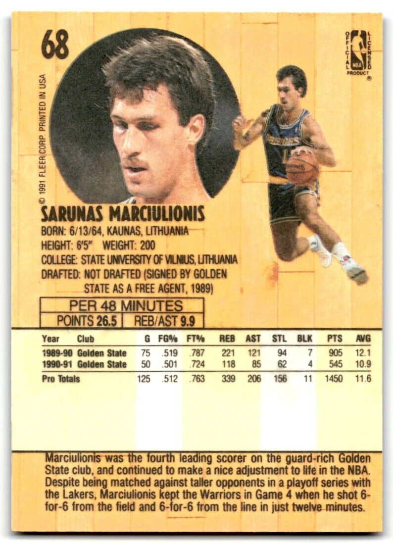 1991-92 Fleer Sarunas Marciulionis Golden State Warriors #68