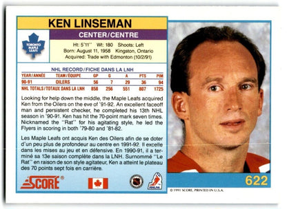 1991-92 Score Canadian Bilingual Ken Linseman Toronto Maple Leafs #622