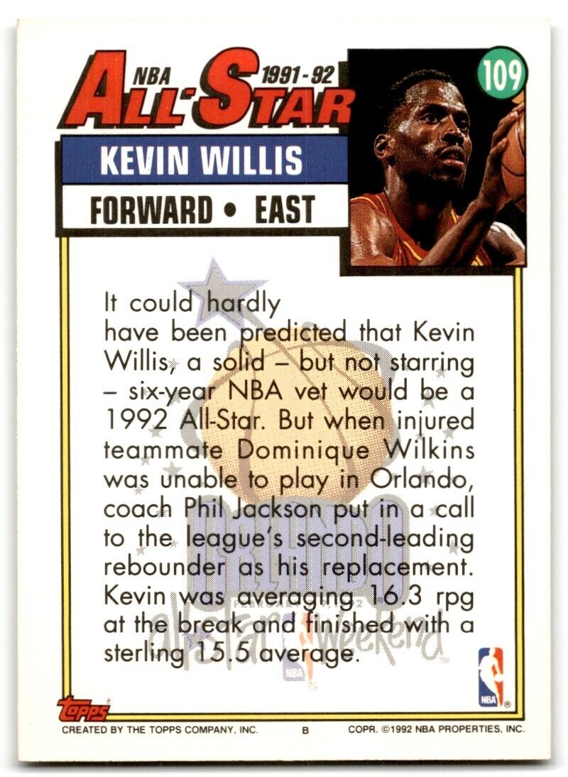 1992-93 Topps All-Star Kevin Willis Atlanta Hawks #109