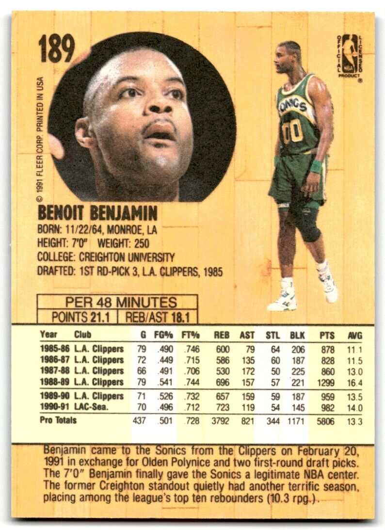 1991-92 Fleer Benoit Benjamin Seattle SuperSonics #189