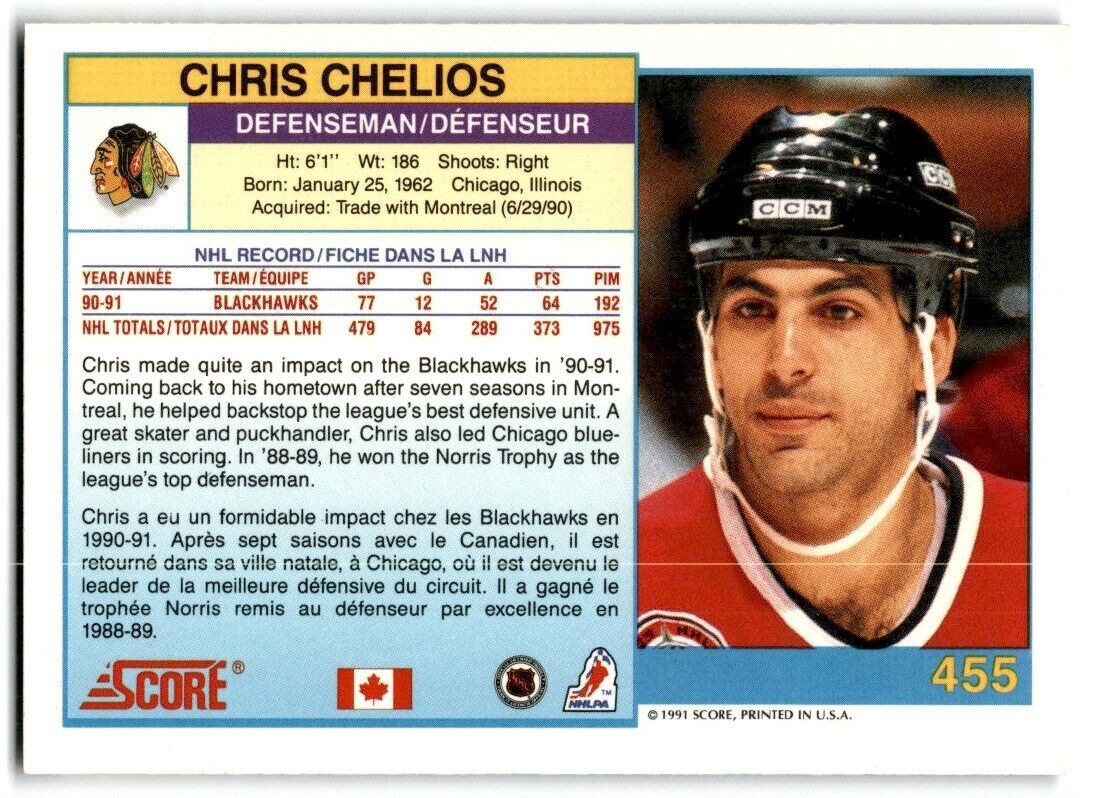 1991-92 Score Canadian Bilingual Chris Chelios Chicago Blackhawks #455