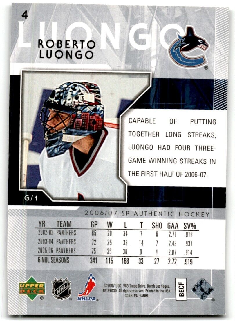 2006-07 SP Authentic Roberto Luongo Vancouver Canucks #4