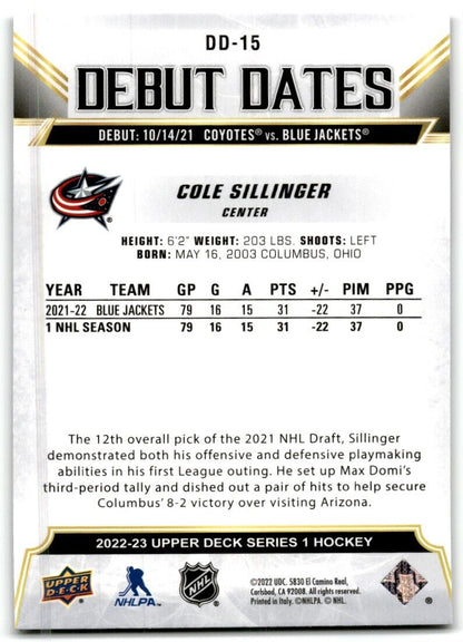 2022-23 Upper Deck Debut Dates Cole Sillinger Columbus Blue Jackets #DD-15