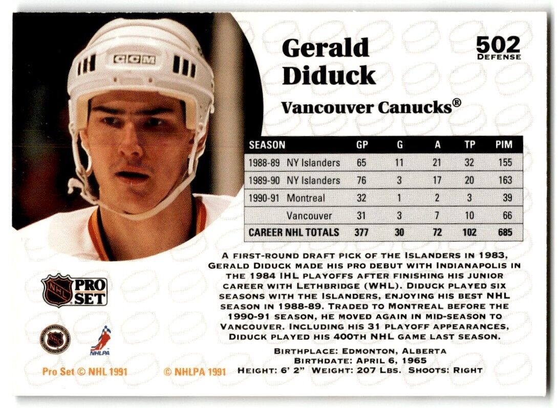 1991-92 Pro Set Gerald Diduck Vancouver Canucks #502