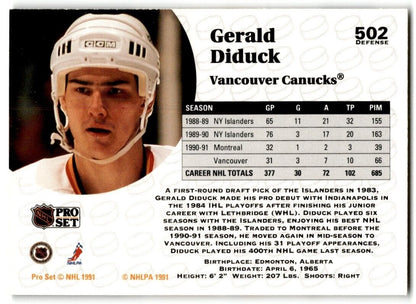 1991-92 Pro Set Gerald Diduck Vancouver Canucks #502