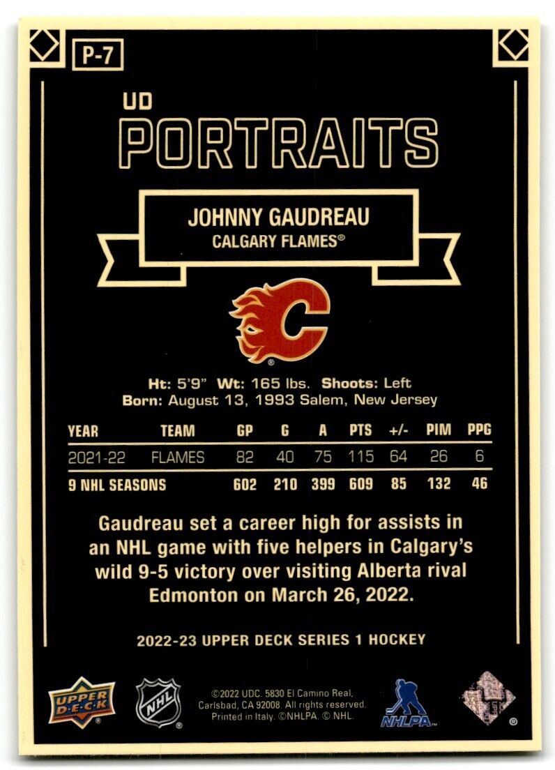 2022-23 Upper Deck UD Portraits Johnny Gaudreau Calgary Flames #P-7