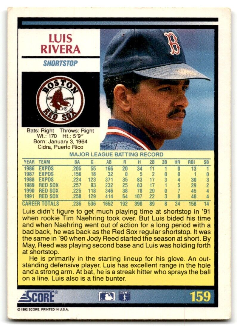 1992 Score Luis Rivera Boston Red Sox #159