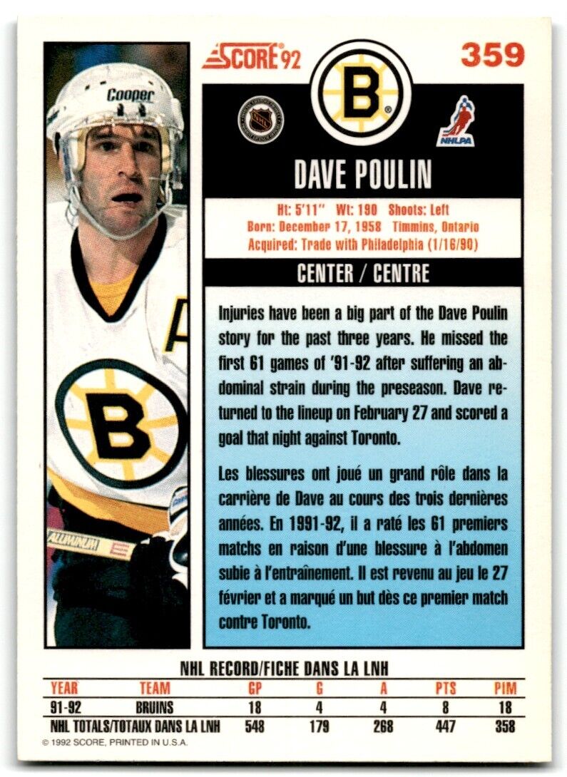 1992-93 Score Dave Poulin Boston Bruins #359