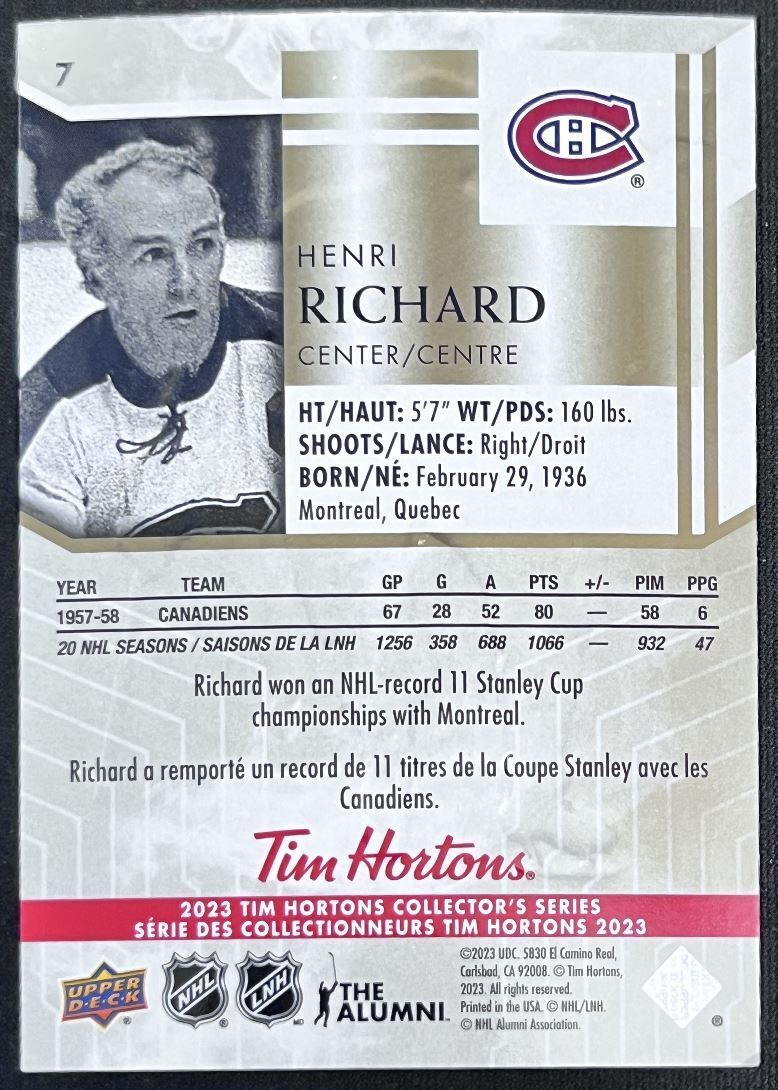 2023-24 Upper Deck Tim Hortons Legends Tim Horton Henri Richard Montreal