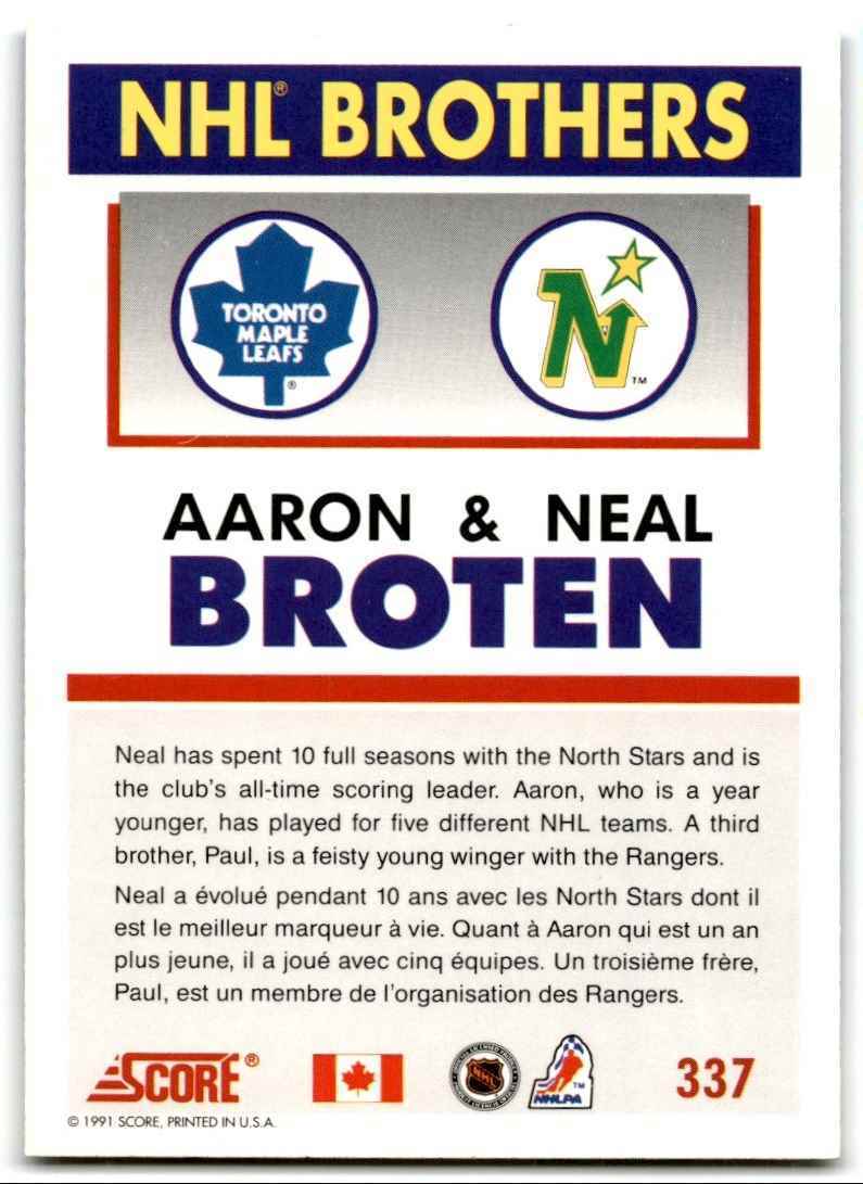 1991-92 Score Canadian NHL Brothers (Aaron Broten/Neal Broten) Toronto Maple