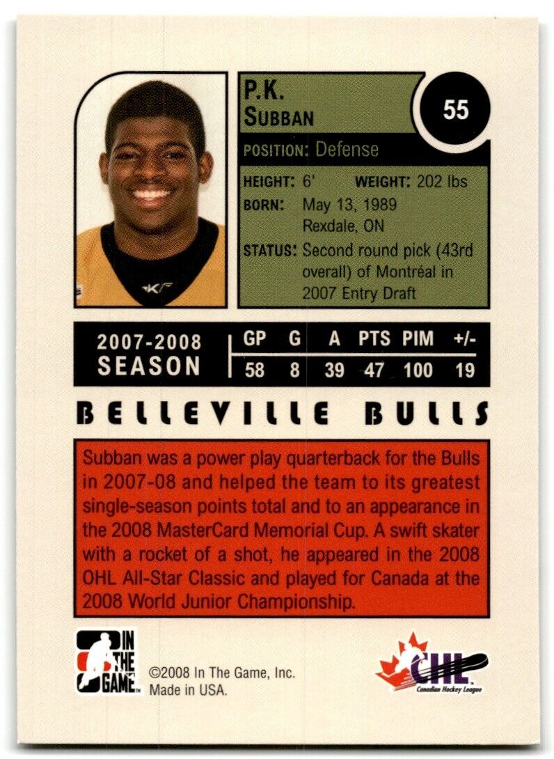 2008-09 In The Game Heroes and Prospects P.K. Subban Belleville Bulls #55