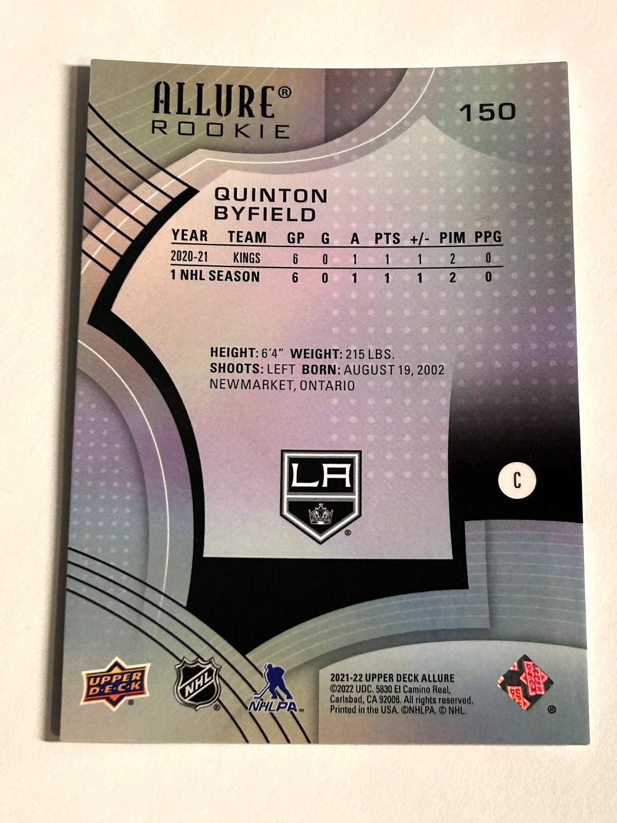 2021-22 Upper Deck Allure - Rookie #150- Quinton Byfield - Los Angeles Kings