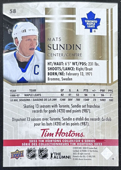 2023-24 Upper Deck Tim Hortons Legends Tim Horton Mats Sundin Toronto Maple