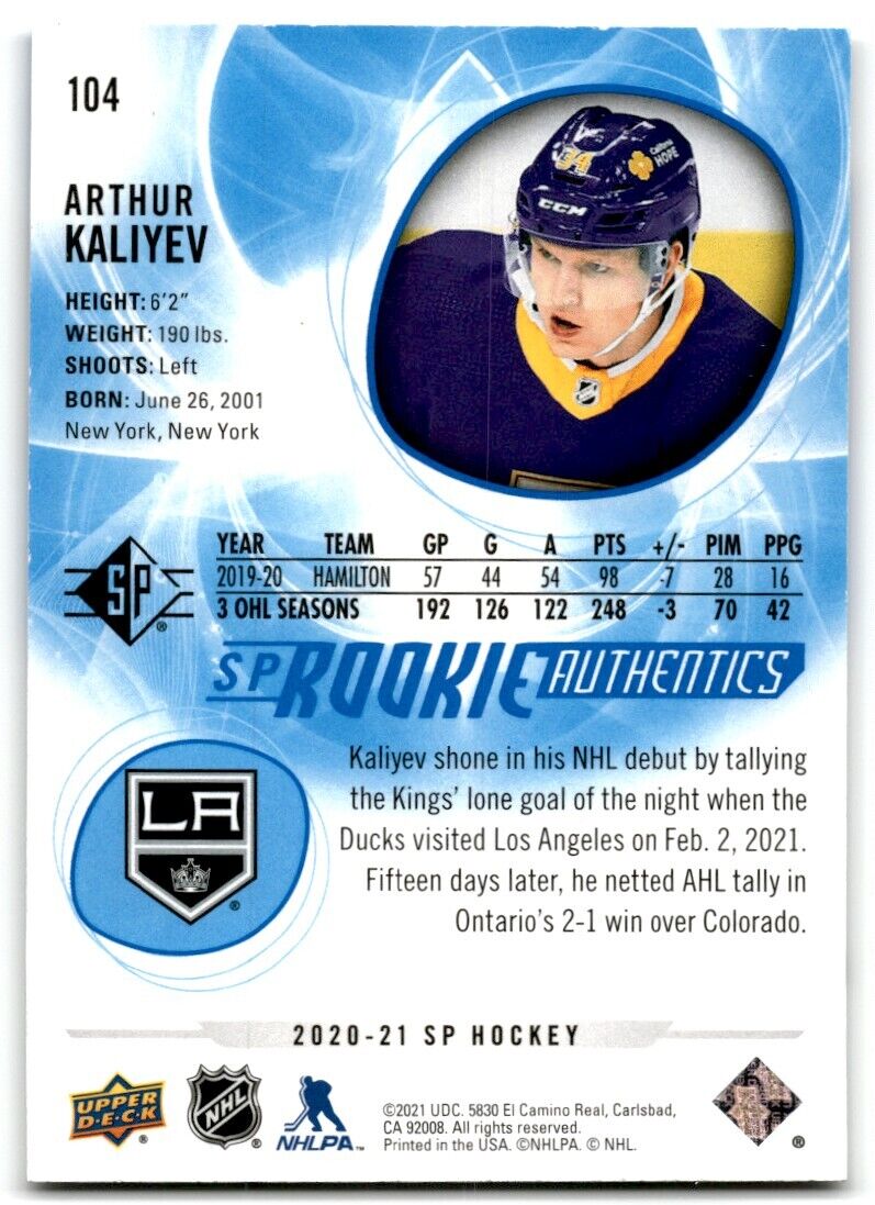 2020-21 Upper Deck Rookie SP Authentic Arthur Kaliyev Rookie Los Angeles Kings