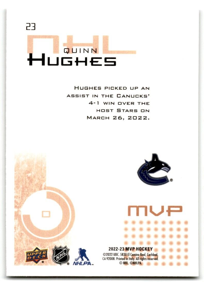 2022-23 Upper Deck MVP 20th Anniversary Quinn Hughes Vancouver Canucks #23