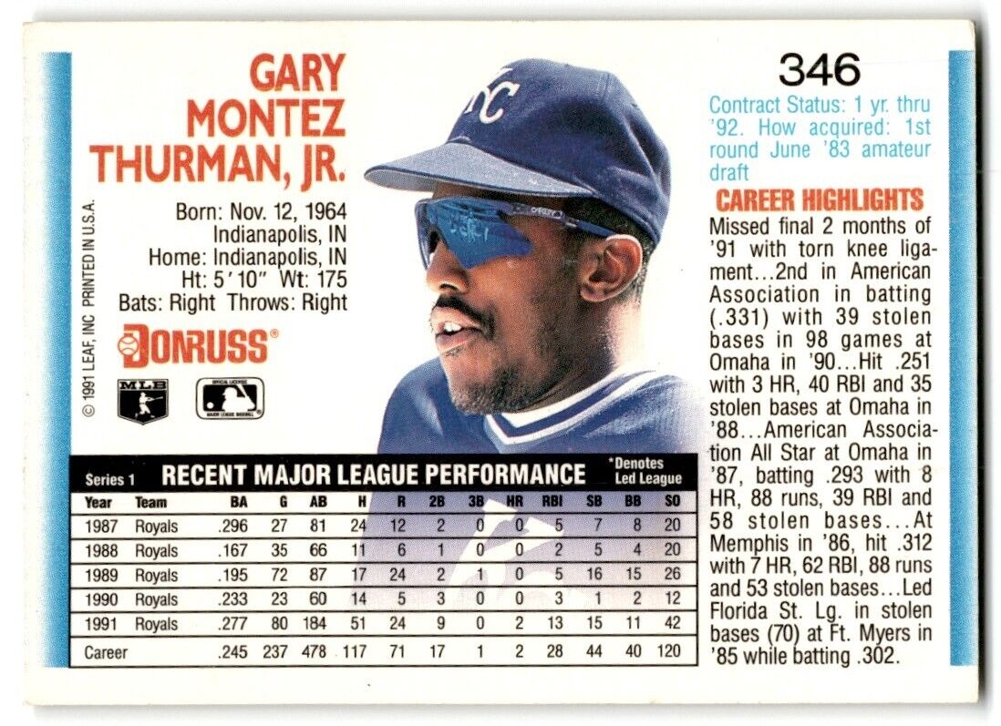 1992 Donruss Gary Thurman Kansas City Royals #346