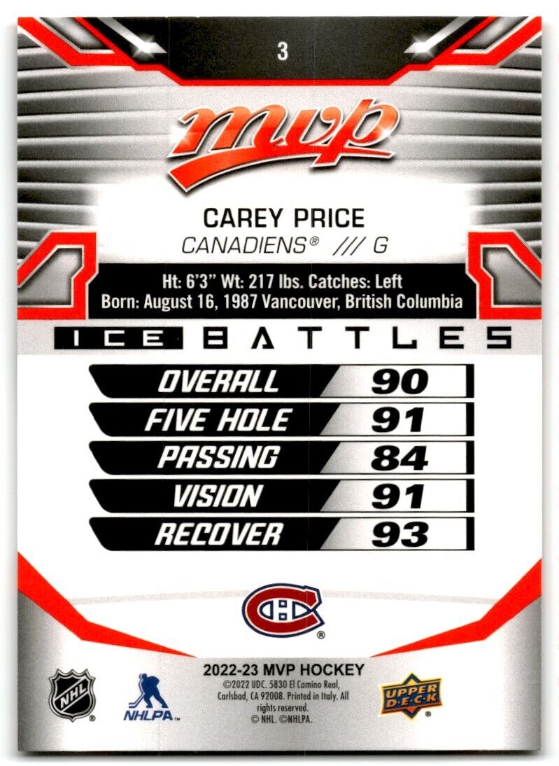 2022-23 Upper Deck MVP Carey Price Montreal Canadiens #3