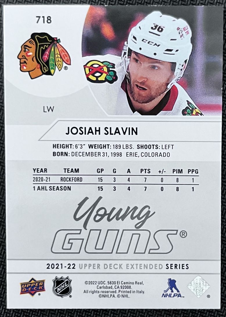 2021-22 Upper Deck Josiah Slavin Rookie Chicago Blackhawks #718