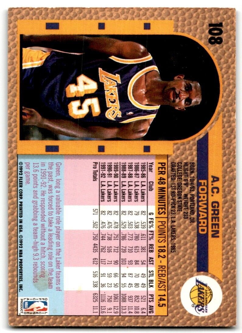 1992-93 Fleer A.C. Green Los Angeles Lakers #108