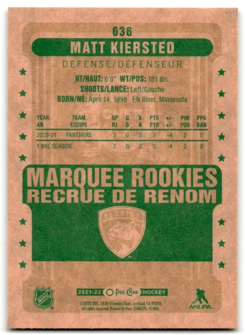 2021-22 O-Pee-Chee Markee Rookies Retro Matt Kiersted Rookie Florida Panthers