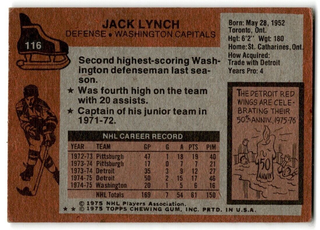 1975-76 Topps Jack Lynch Washington Capitals #116