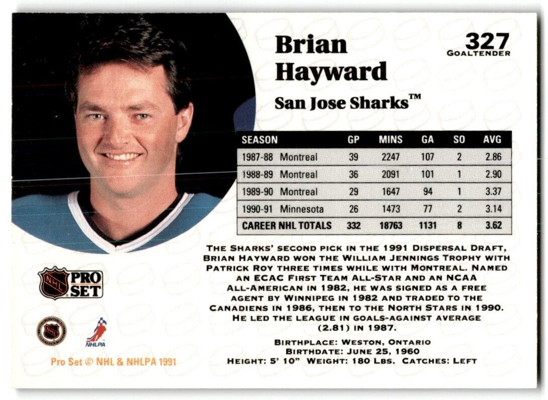 1991-92 Pro Set Brian Hayward San Jose Sharks #327