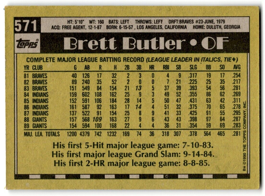 1990 Topps Brett Butler San Francisco Giants #571