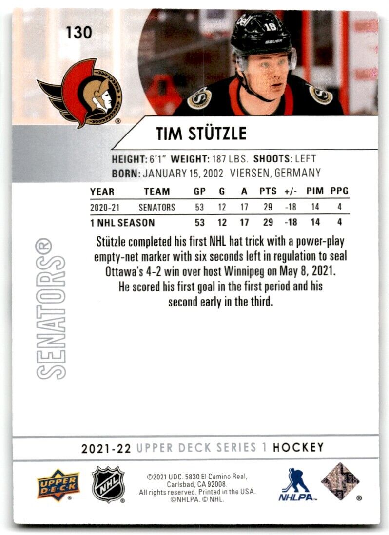 2021-22 Upper Deck Tim Stutzle Ottawa Senators #130