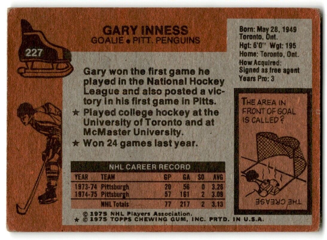 1975-76 Topps Gary Inness Rookie Pittsburgh Penguins #227