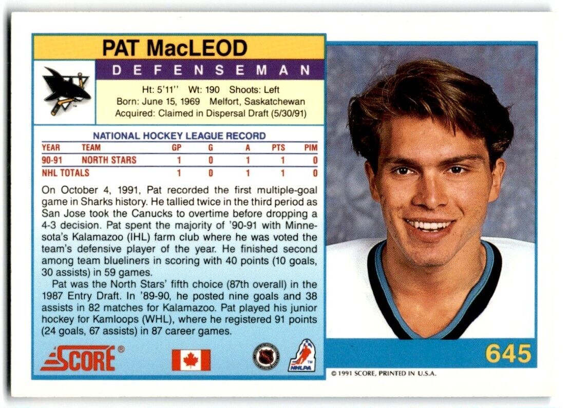 1991-92 Score Canadian Bilingual Pat MacLeod Rookie San Jose Sharks #645