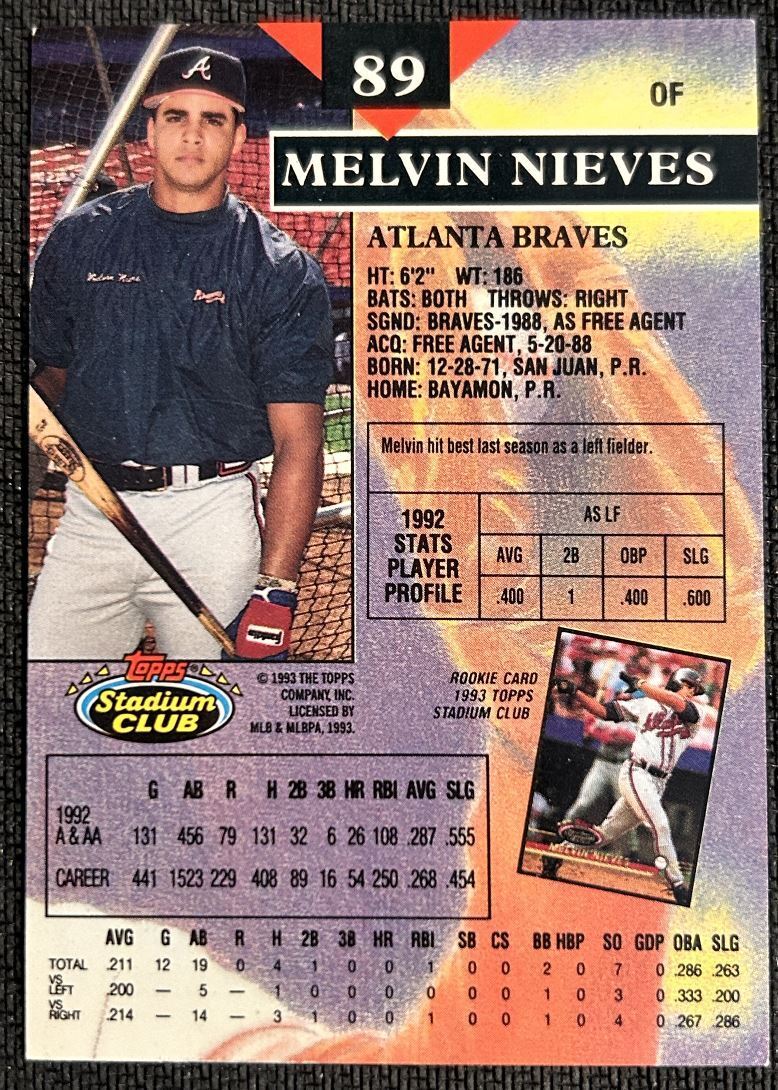 1993 Topps Stadium Club Melvin Nieves Atlanta Braves #89