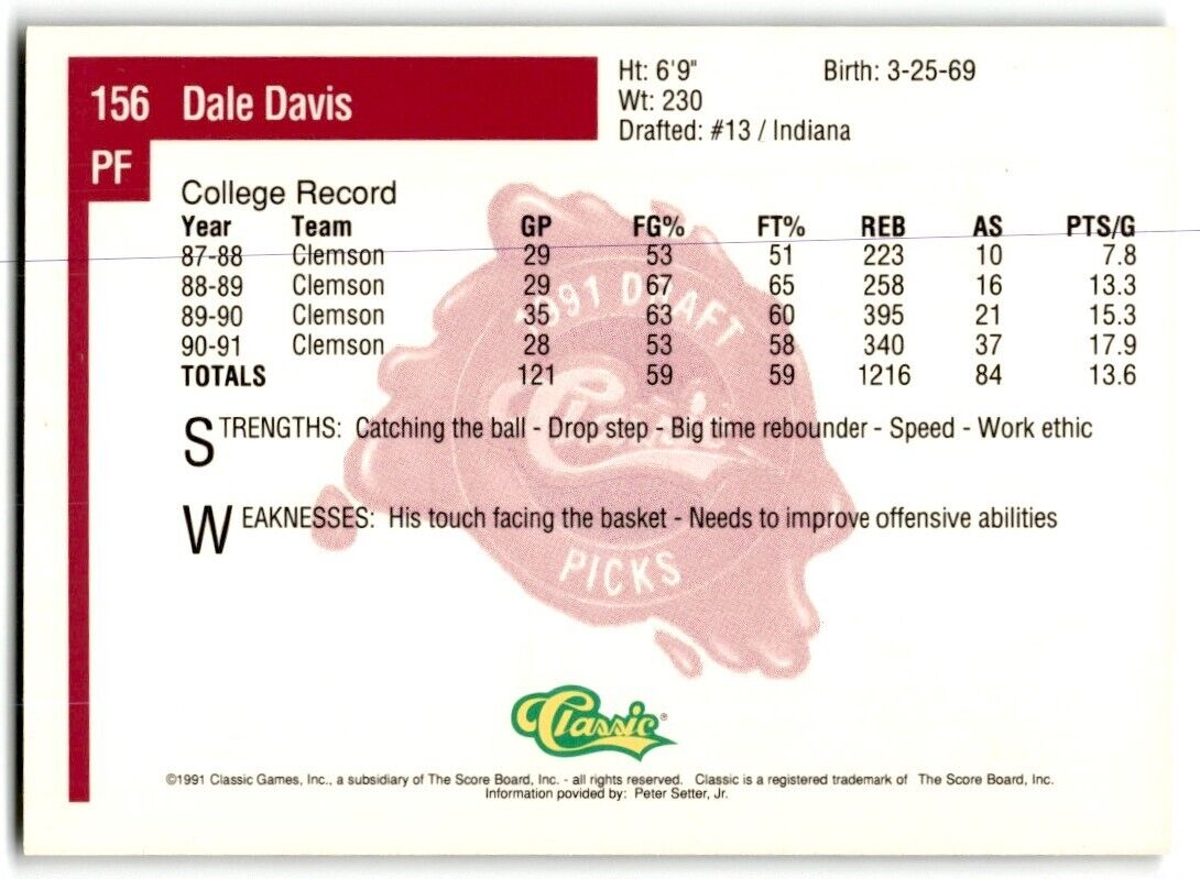 1991-92 Classic Dale Davis Rookie Clemson Tigers #156