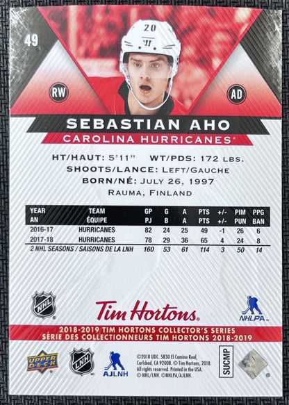 2018-19 Upper Deck Tim Hortons Sebastian Aho Carolina Hurricanes #49