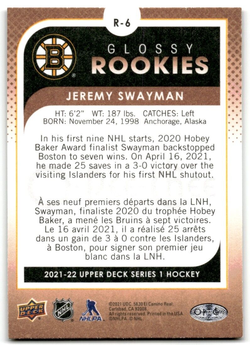 2021-22 Upper Deck O-Pee-Chee Glossy Rookies Jeremy Swayman Boston Bruins #R-6