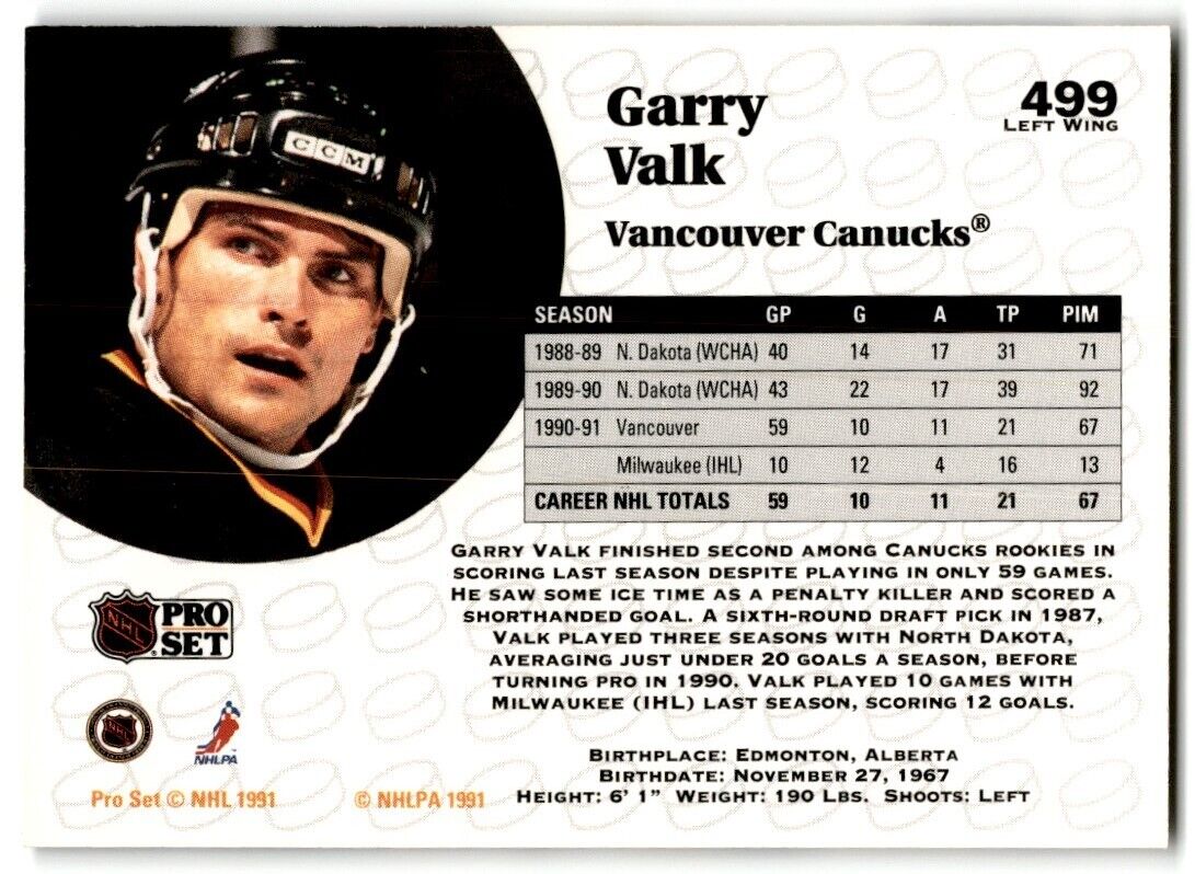 1991-92 Pro Set Garry Valk Vancouver Canucks #499