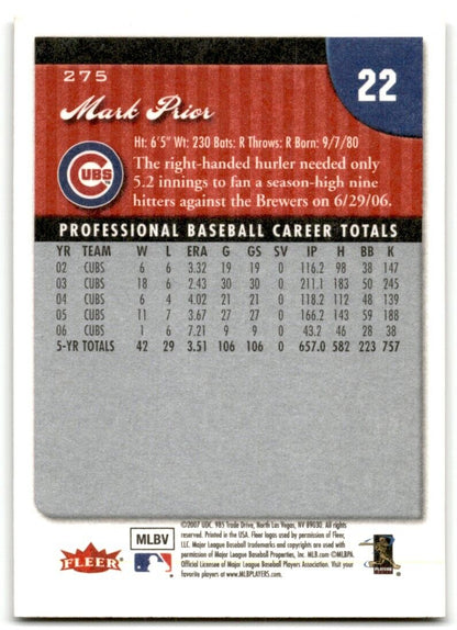 2007 Fleer Mark Prior Chicago Cubs #275