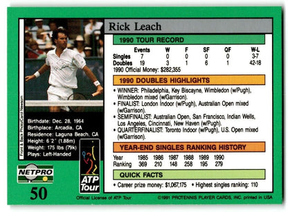 1991 Protennis player Cards Netpro Tour Star Rick Leach #50