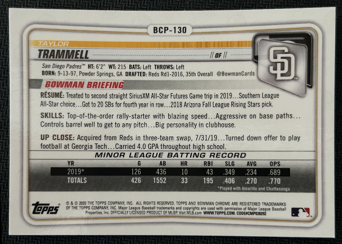 2020 Bowman Chrome Prospects Taylor Trammell San Diego Padres #BCP-130