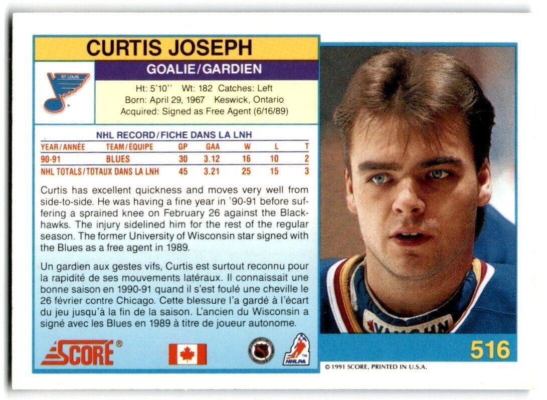 1991-92 Score Canadian Bilingual Curtis Joseph St. Louis Blues #516