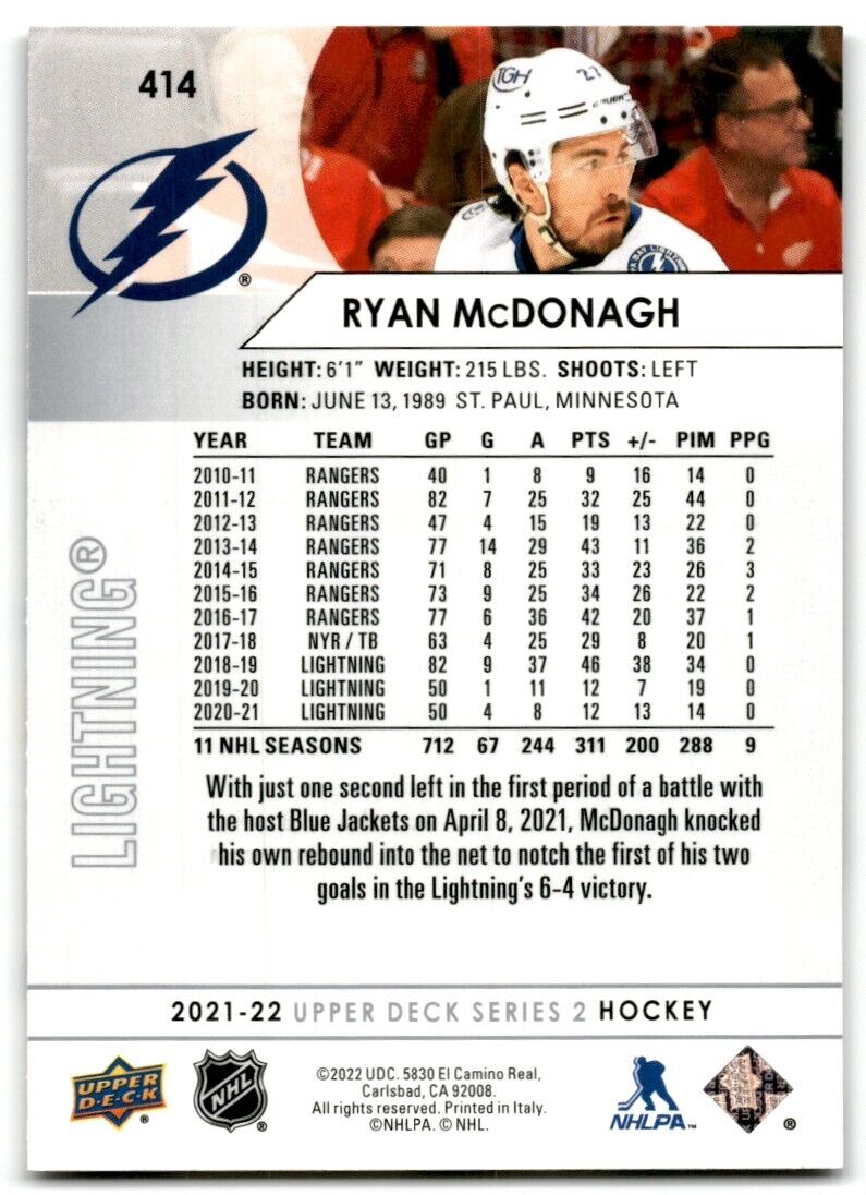 2021-22 Upper Deck Ryan McDonagh Tampa Bay Lightning #414