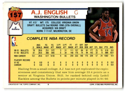 1992-93 Topps A.J. English Washington Bullets #157