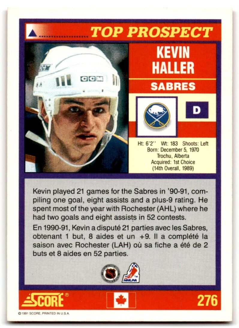 1991-92 Score Canadian Bilingual Kevin Haller Rookie Buffalo Sabres #276