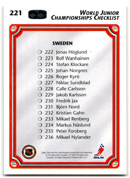 1992-93 Upper Deck World Junior Championships Checklist Sweden #221