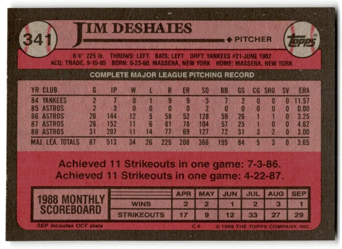 1989 Topps Jim Deshaies Houston Astros #341