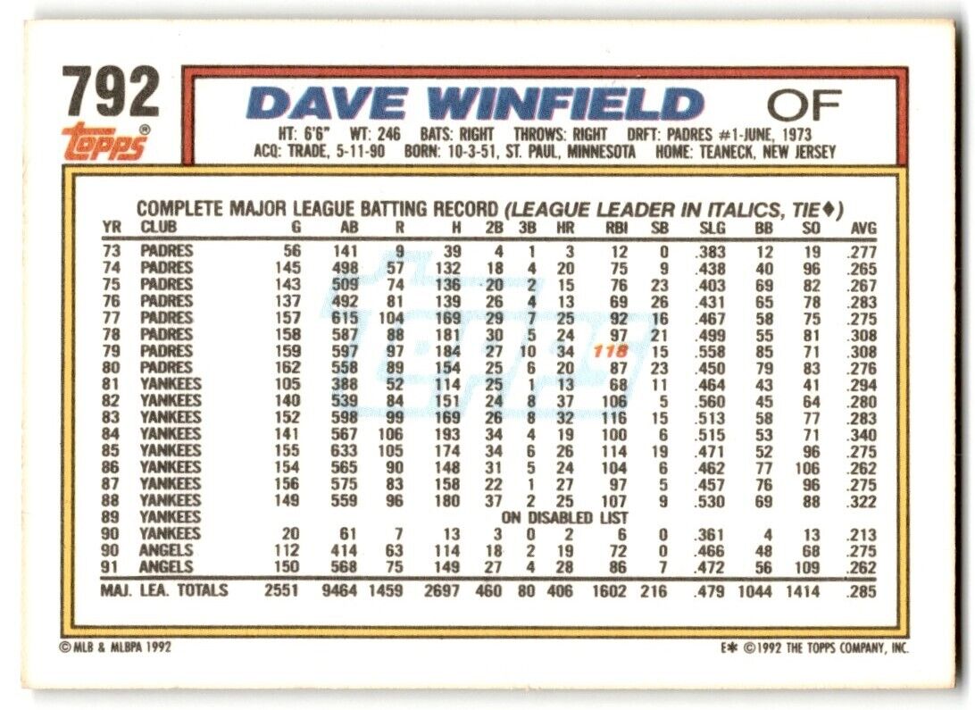 1992 Topps Dave Winfield California Angels #792