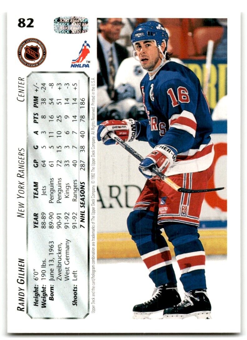 1992-93 Upper Deck Randy Gilhen New York Rangers #82